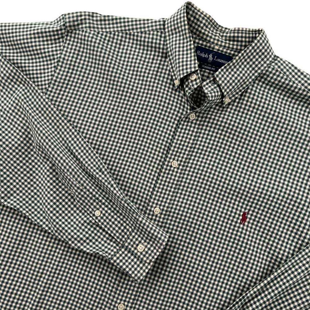 Ralph Lauren Button Down Shirt Mens XLT Green Gingham Classic Fit Preppy Plaid